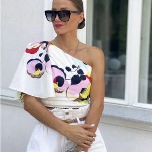 Zara One-Shoulder Floral Blouse - White and Pink
